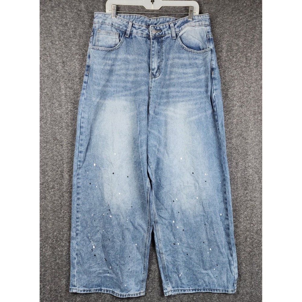 Manfinity Baggy Wide Leg Jeans Mens XL‎ Blue Paint Splatter Y2K Streetwear 34x29